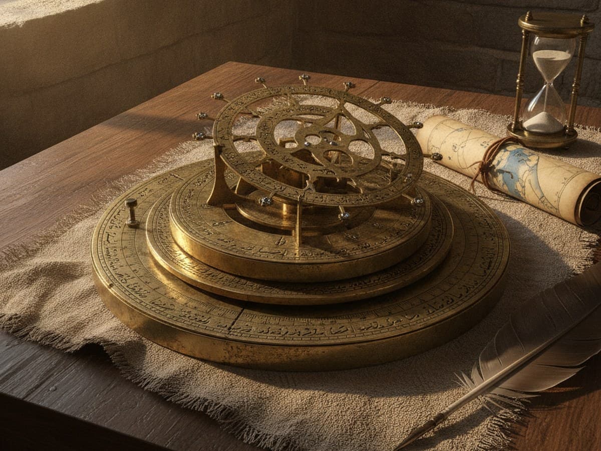 An Astrolabe From a Lost Observatory: ornate antique brass astrolabe with etched astrological rings and celestial coordinates on a dark mahogany table