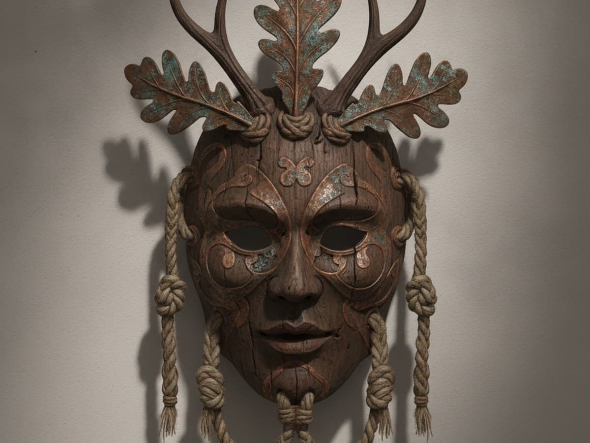 The Mask of the Autumn Procession: hand-carved ceremonial festival mask with weathered copper gilding, stylized horn crest and woven hemp ties