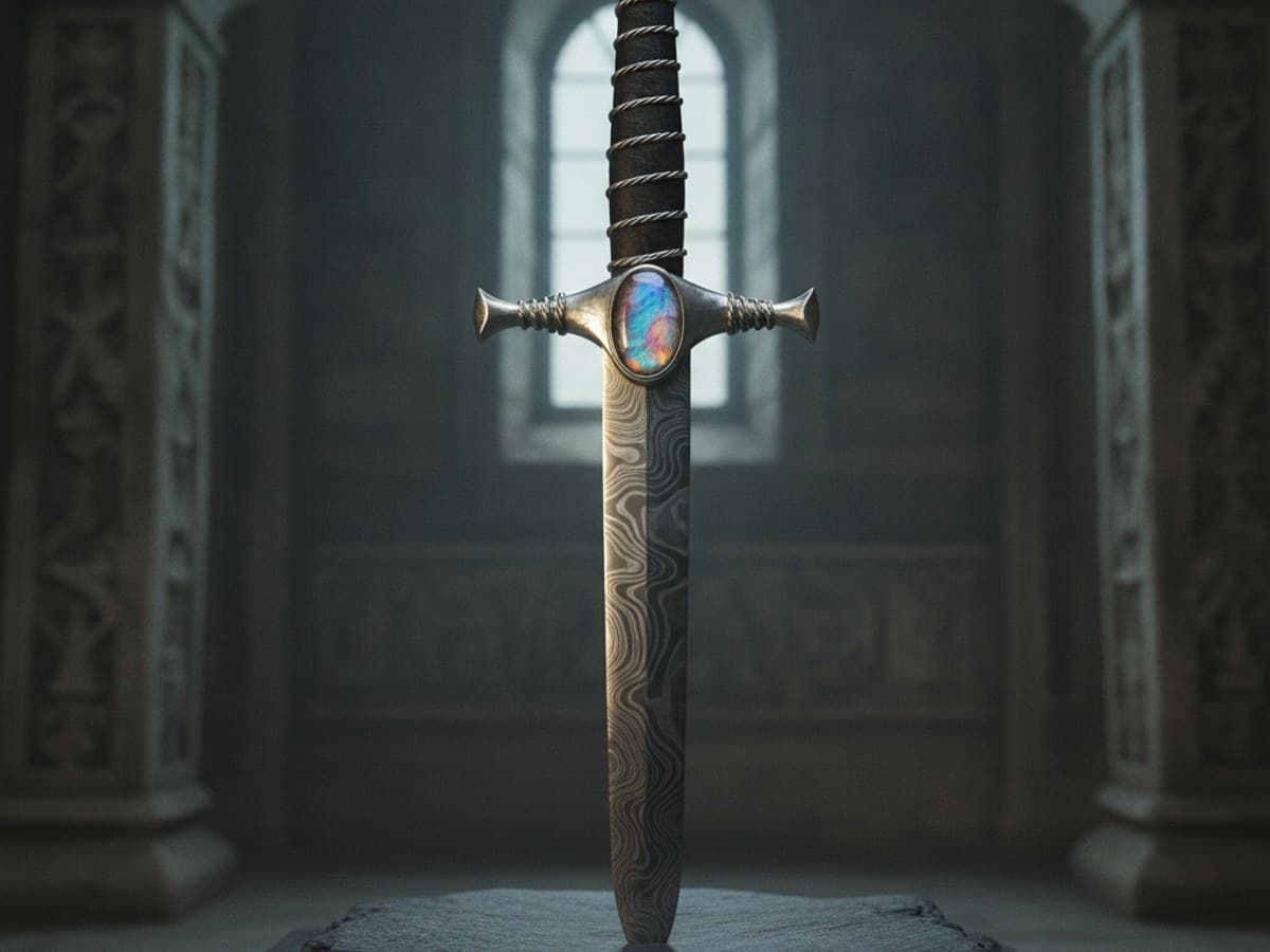 The Guardian’s Ceremonial Blade: masterwork high fantasy ceremonial sword with Damascus steel blade, etched runic guard and moonstone pommel
