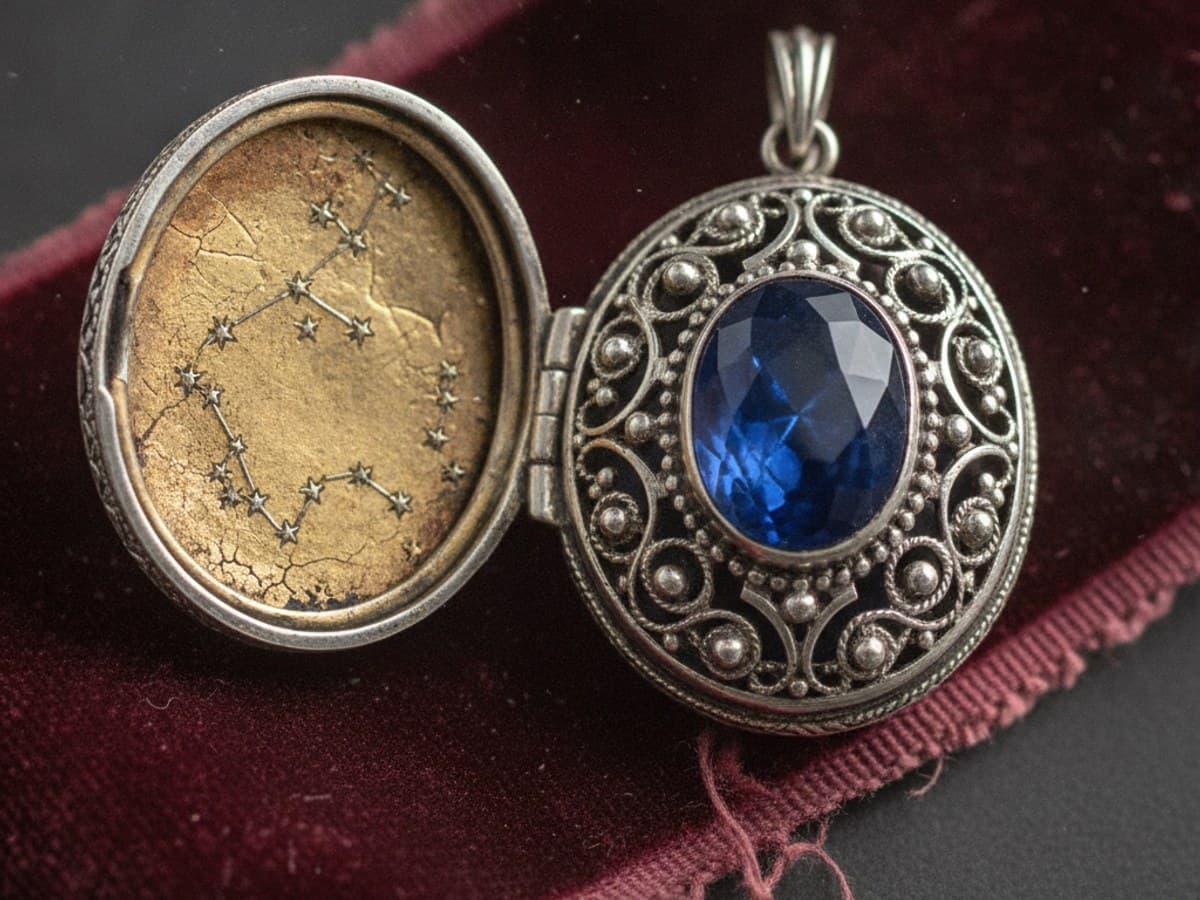 An Heirloom Pendant With a Hidden Map: antique silver filigree locket with celestial cabochon sapphire opening to reveal an engraved star chart