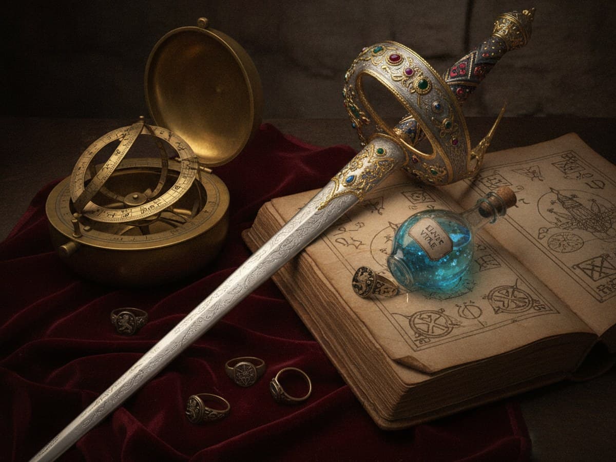 Artistic still life composition of an antique brass astrolabe, leather-bound grimoire and glowing celestial crystals on dark velvet