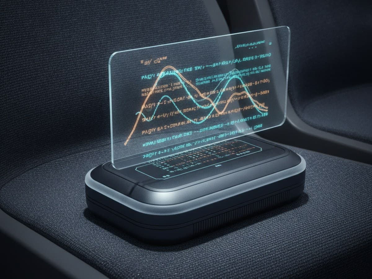 A Pocket Translator From Tomorrow: futuristic handheld universal translator device with holographic glyph display and sleek brushed titanium casing
