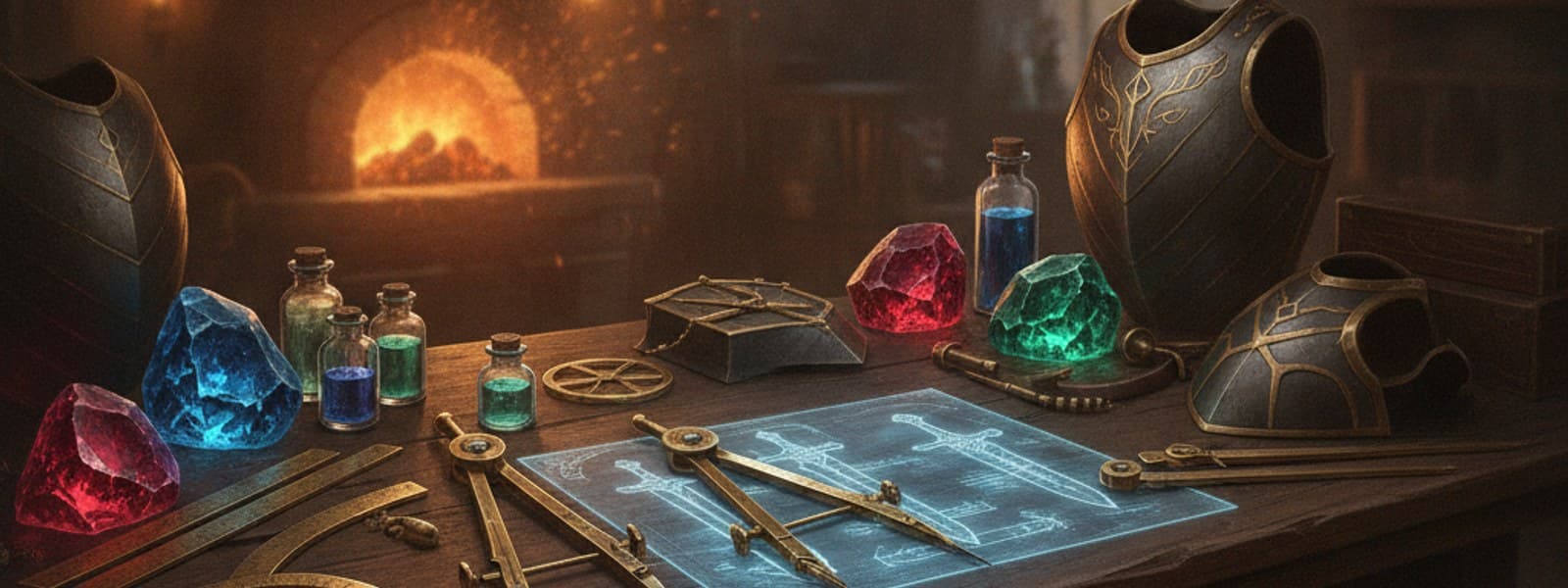 THE RELIC FORGE studio banner: artisan workbench with calipers, blueprint sketches and illuminated magical gemstones