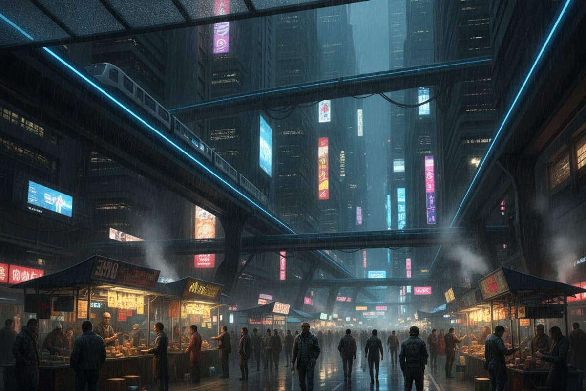 The Night Market Above Neo Harbor: open-air skybridge midnight market on the 92nd floor of a cyberpunk harbor megacity