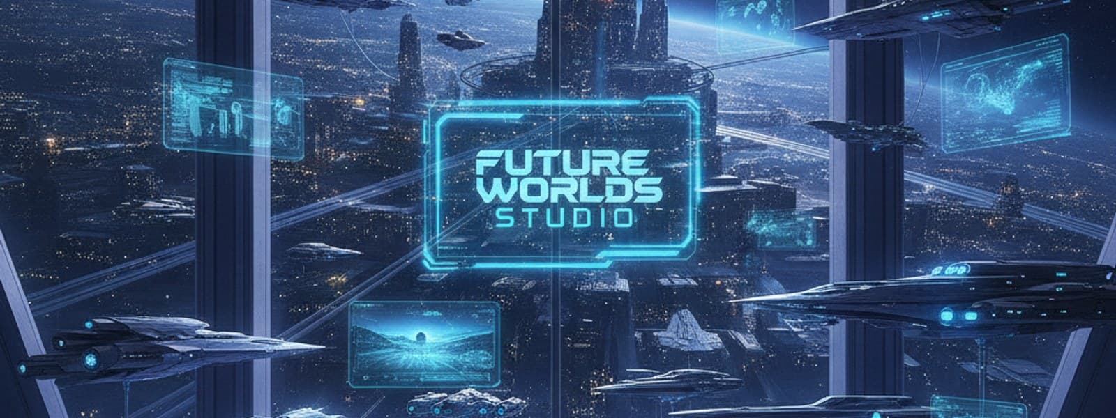 The Future Worlds Studio concept art banner with illuminated orbital habitats and futuristic cityscapes
