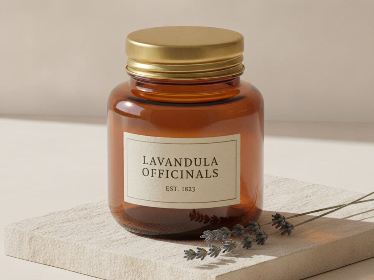 Amber Glass and a Brass Lid: clean minimalist studio photograph of an amber apothecary bottle with polished brass cap on textured paper