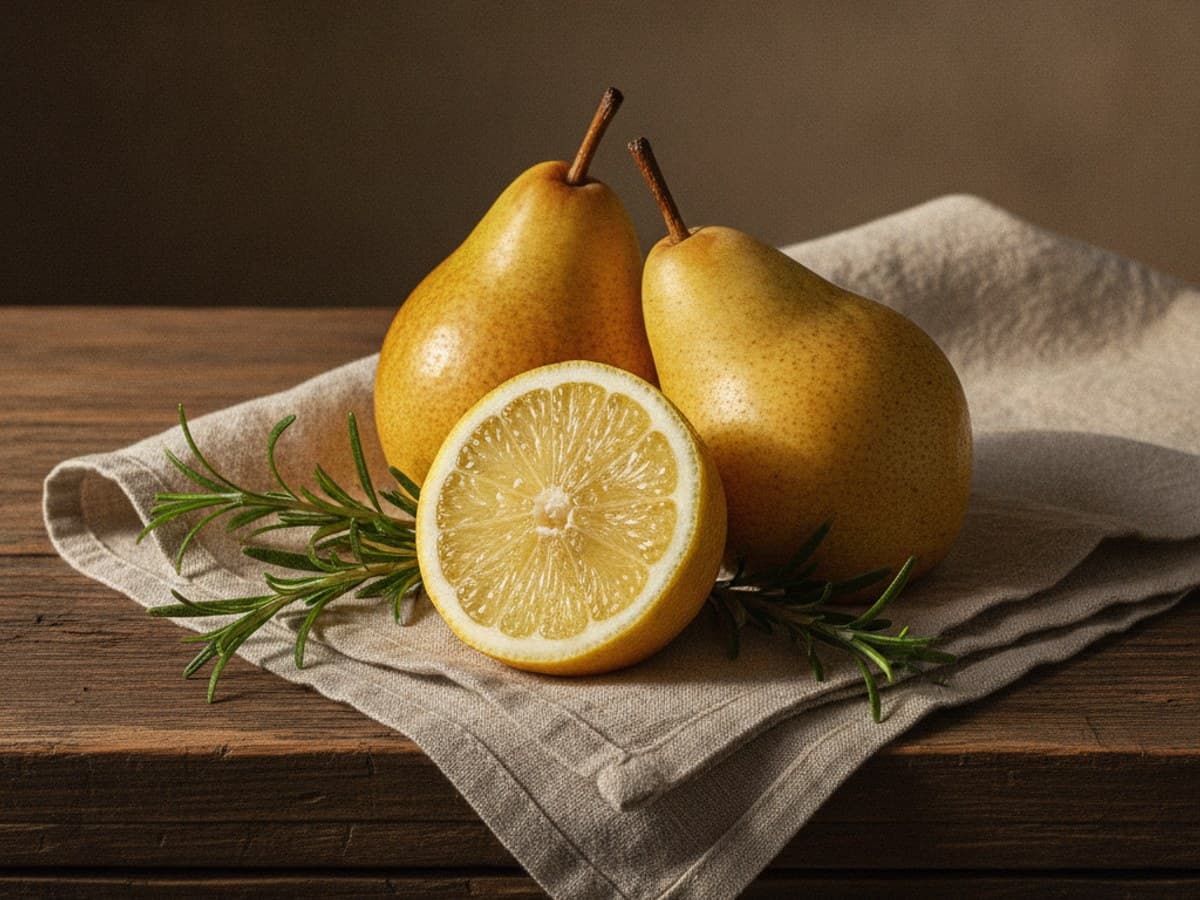Citrus and Pears on Linen: rustic kitchen still life with a sliced ripe lemon, golden pears and fresh rosemary sprigs on folded cream linen
