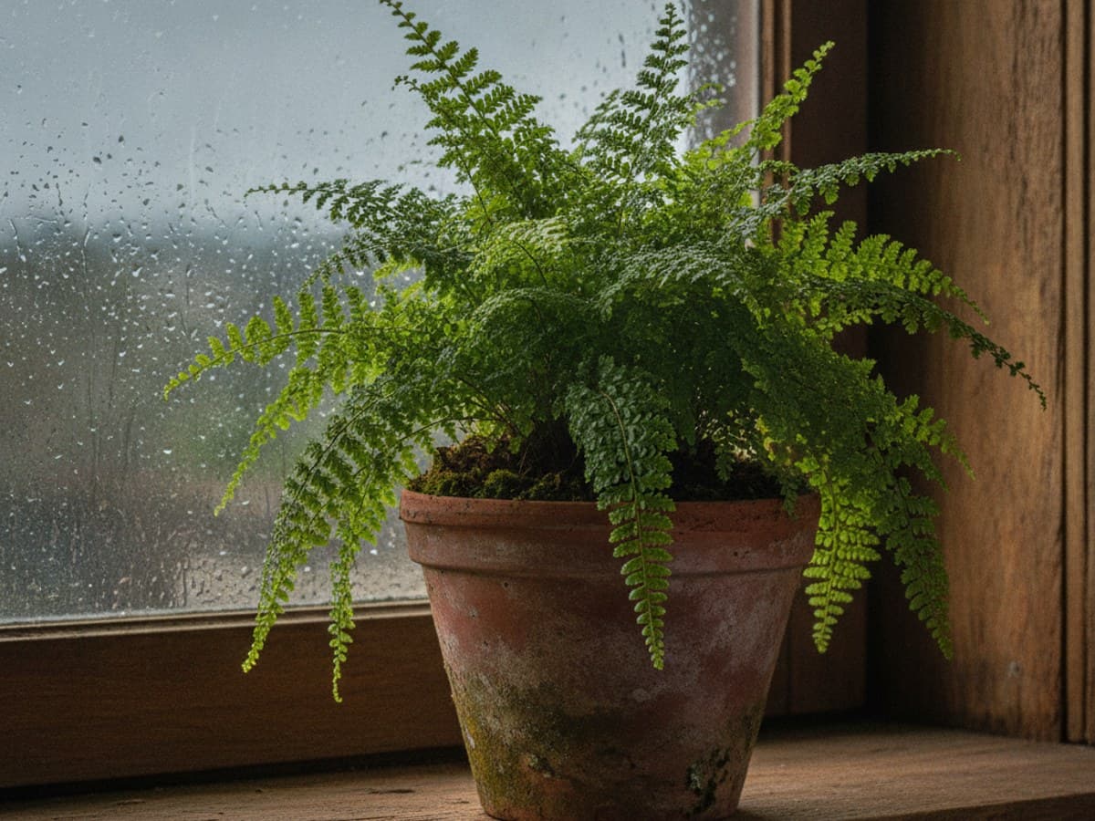 The Fern by the Rainy Window: lush potted Boston fern and terracotta planters on a rain-streaked wooden windowsill with soft overcast daylight