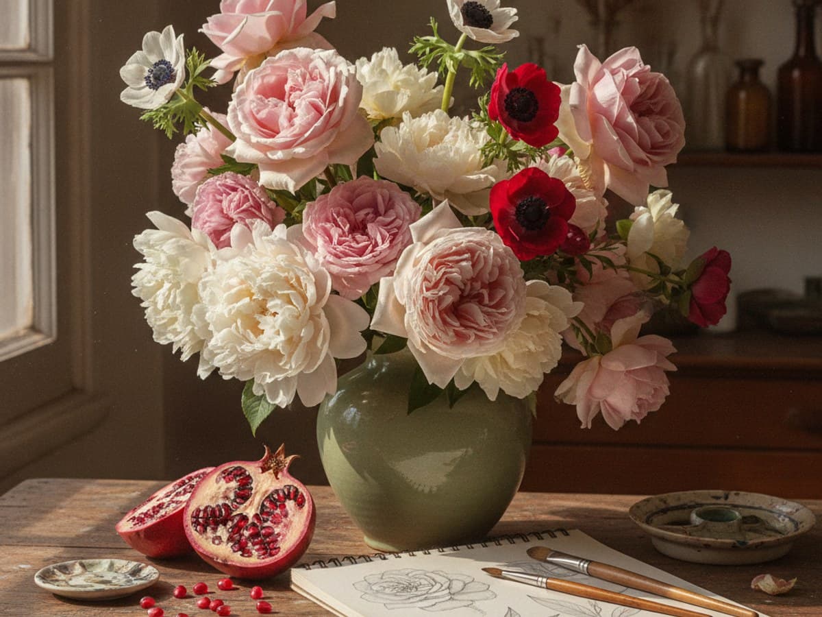 Artistic still life illustration of blush peonies, pink tulips, a sage-green vase, pears and an open sketchbook in soft afternoon window light