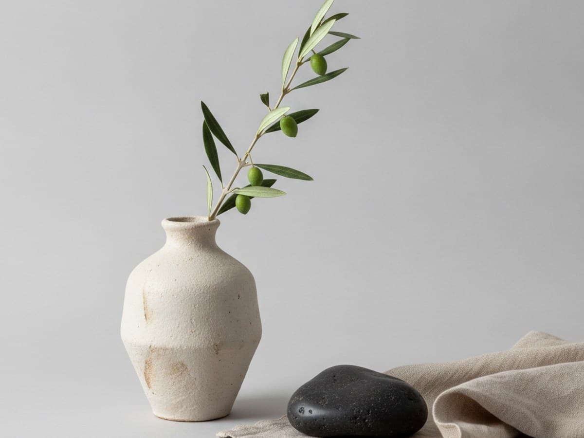 One Branch, Three Shapes: serene Japanese minimalist still life with an olive branch in an off-white ceramic vase, smooth river stone and folded linen