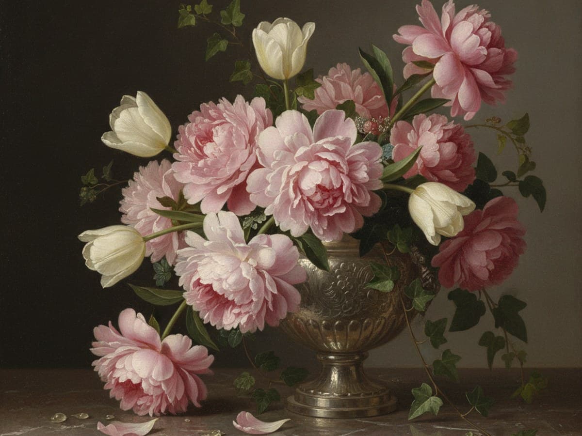 The Peonies in the Silver Urn: lush Dutch Golden Age floral oil painting of pink peonies, white tulips and delicate greenery in an antique silver vase