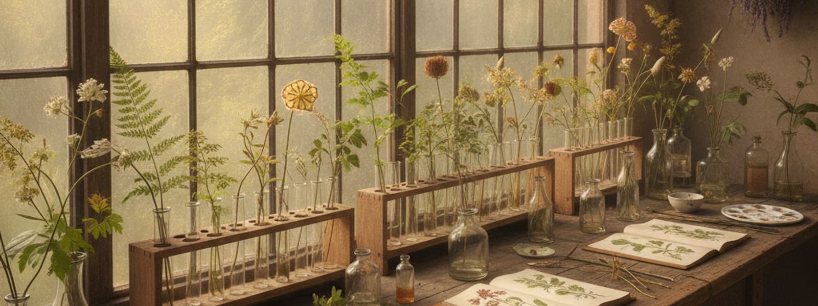 THE STILL LIFE ATELIER: botanical illustration table with delicate glass vases, dried wildflowers and open watercolor sketchbooks