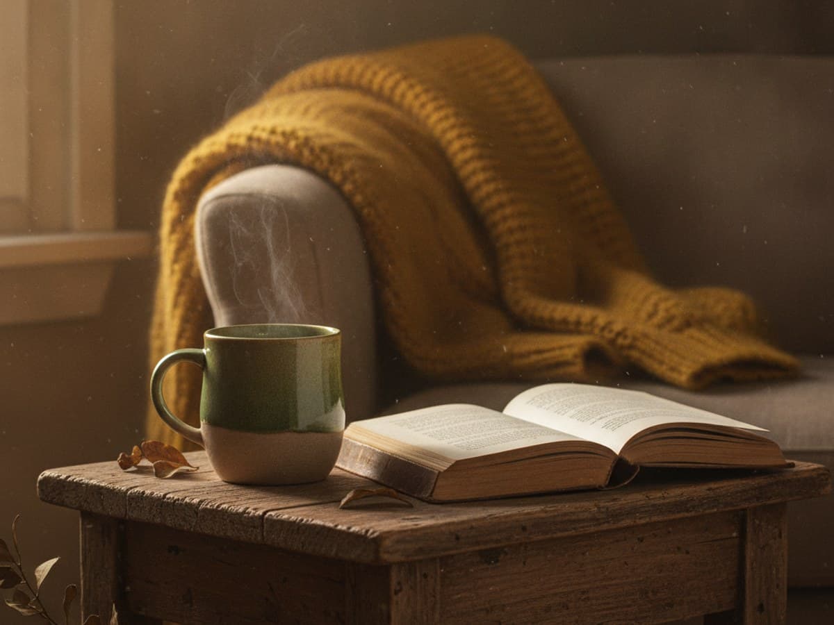 The Unfinished Morning Tea: gentle morning vignette with a ceramic tea cup, open novel and soft wool blanket illuminated by early sunbeams