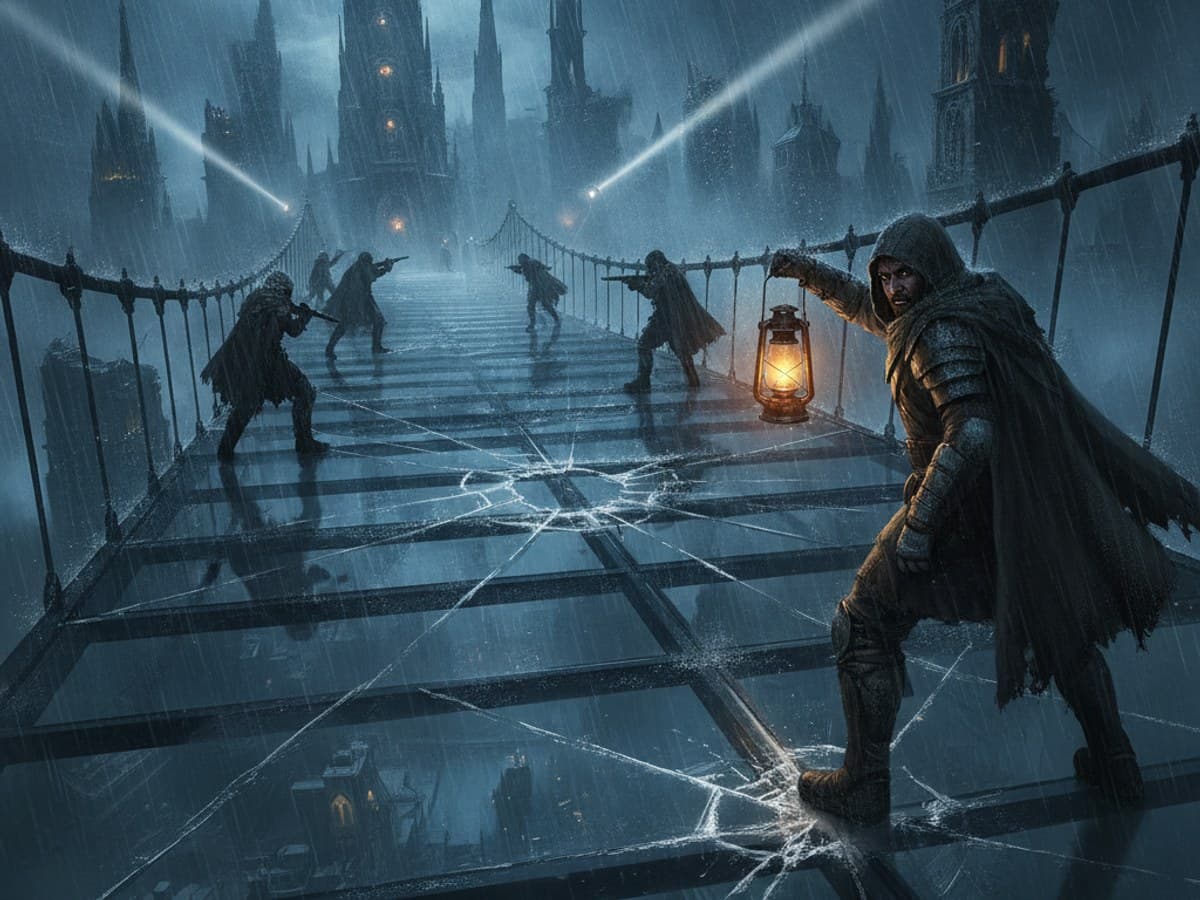 The Last Stand at the Glass Bridge: cinematic wide shot of defenders on a shattered glass bridge above a flooded misty city with dramatic searchlight beams