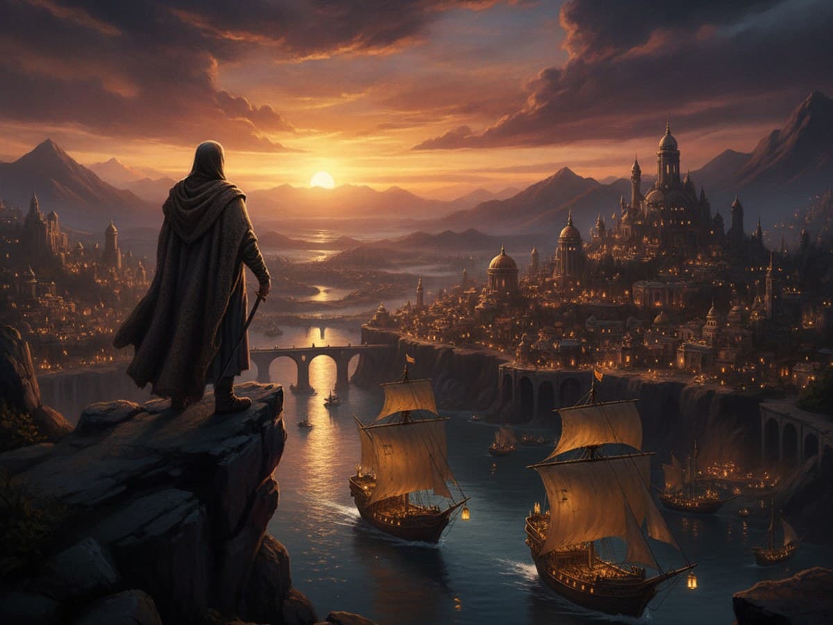 Illustrated cinematic storyboard frame with a silhouetted traveler overlooking a golden coastal city at dusk and a dramatic sky
