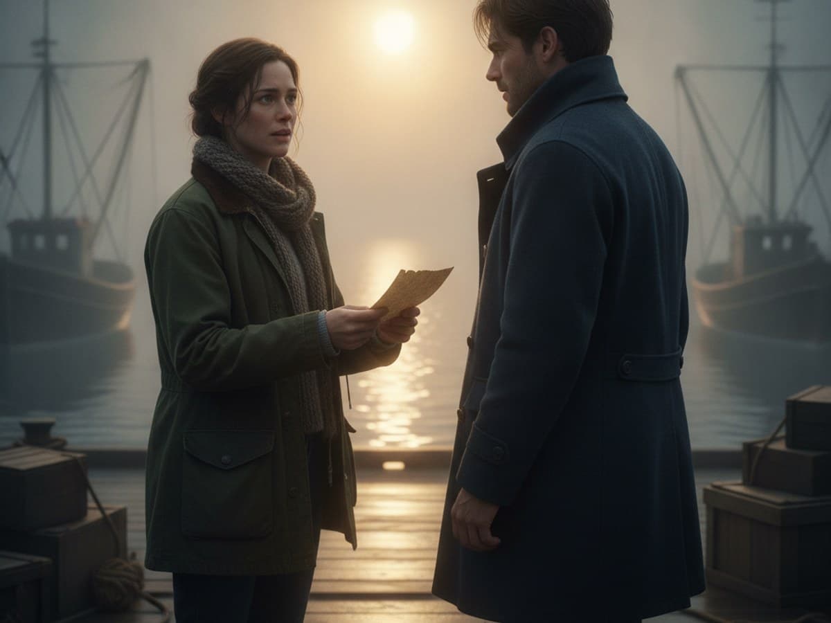 The Letter at Sunrise: medium two-shot of two estranged siblings meeting on a misty harbor pier in the soft golden morning light