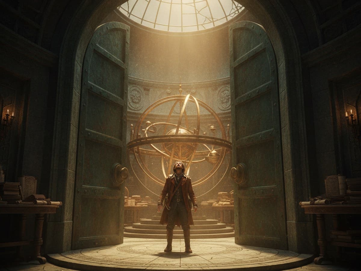 The Observatory Door Opens: wide dramatic keyframe of an open copper observatory dome revealing a monumental rotating cosmic mechanism in dusty sunbeams