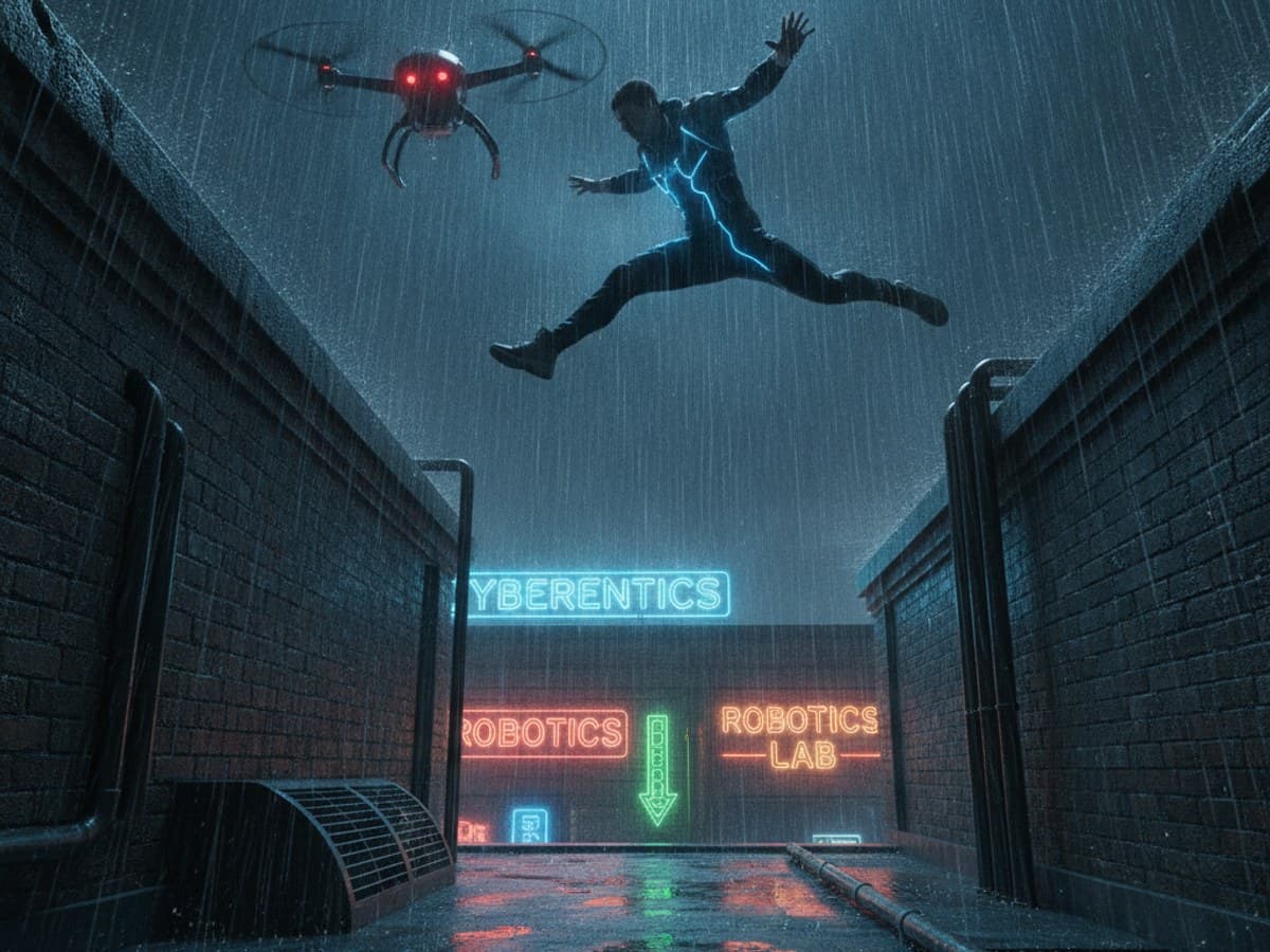 The Rooftop Run in the Rain: dynamic tilted keyframe of an athletic escape leaping across rain-slicked city rooftops pursued by a surveillance drone