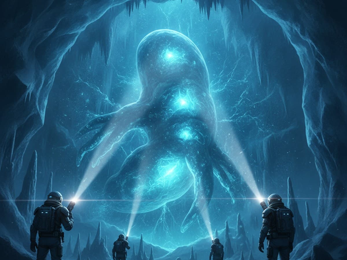 Signals Beneath the Ice: polar research explorers illuminating an ethereal glowing bioluminescent organism frozen deep within a translucent glacier