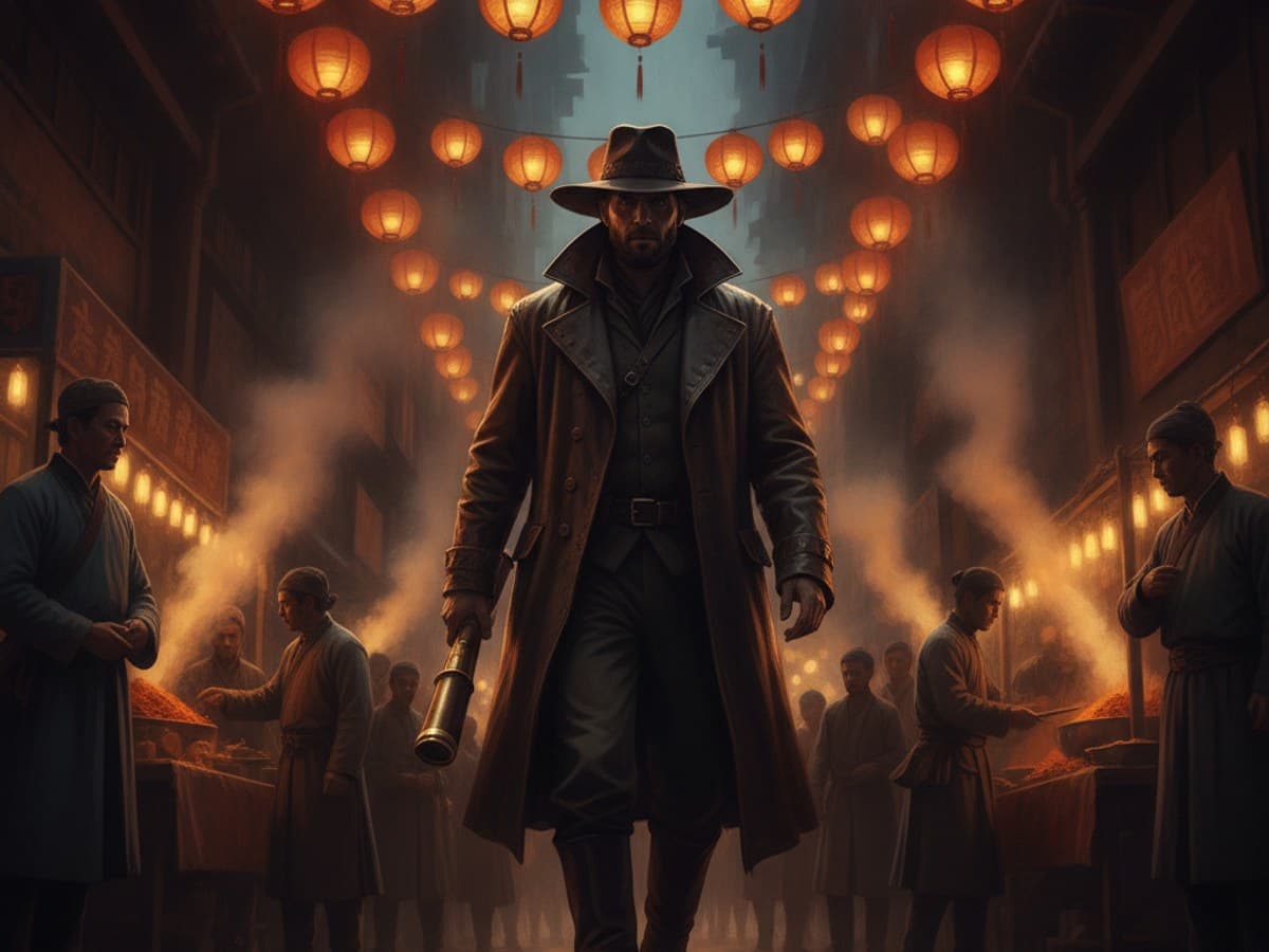 The Stranger in the Lantern Market: low-angle entrance of an enigmatic cloaked traveler entering a vibrant night market under glowing silk lanterns