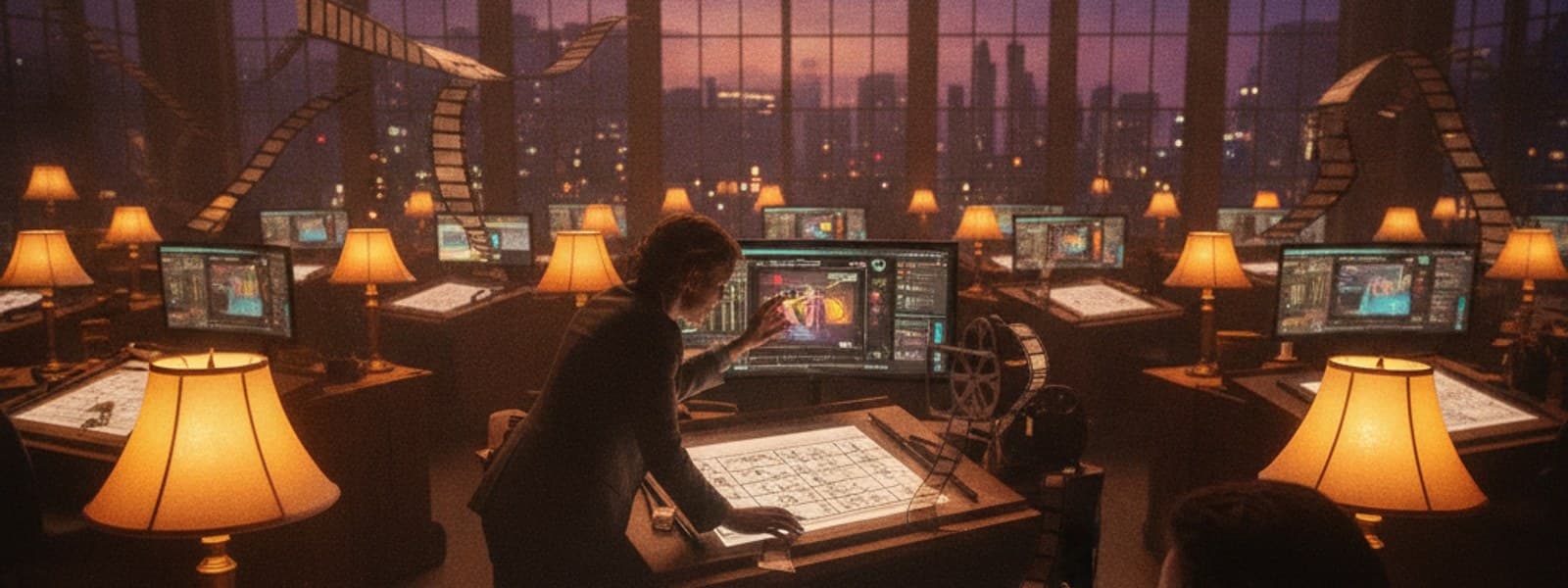 THE STORYBOARD ATELIER: dramatic cinematic widescreen keyframe study with glowing golden hour backlight and dynamic depth of field