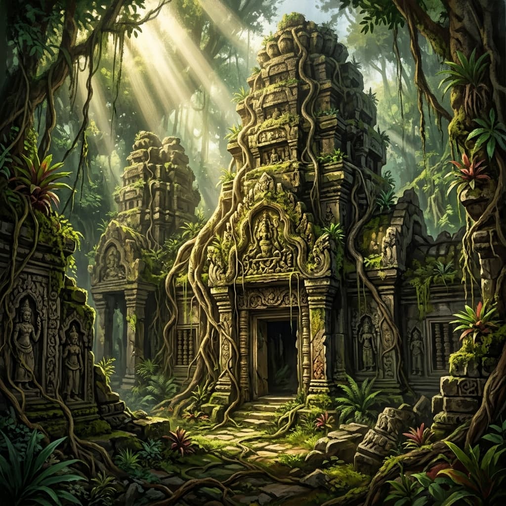 Ancient overgrown stone temple ruins with creeping vines