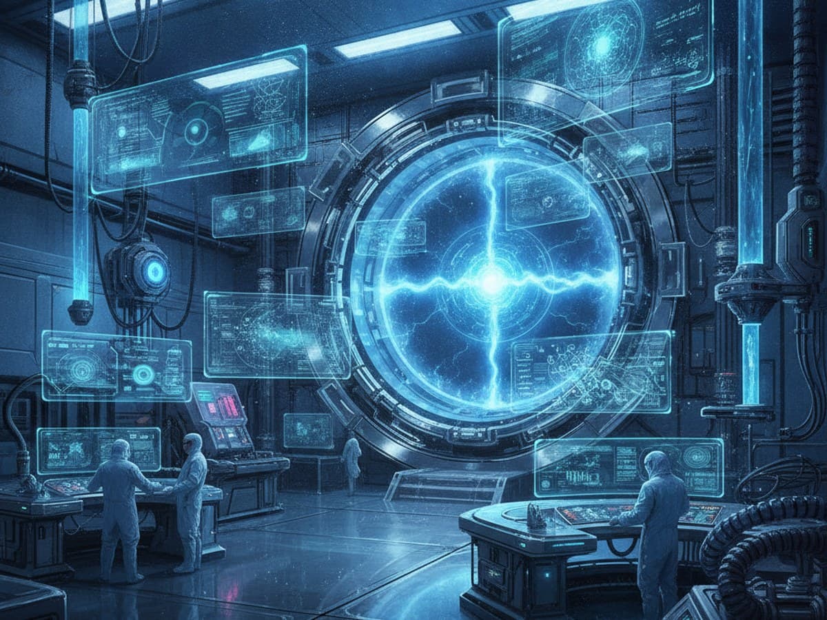 Futuristic quantum research laboratory with glowing plasma fusion reactor and holographic interfaces