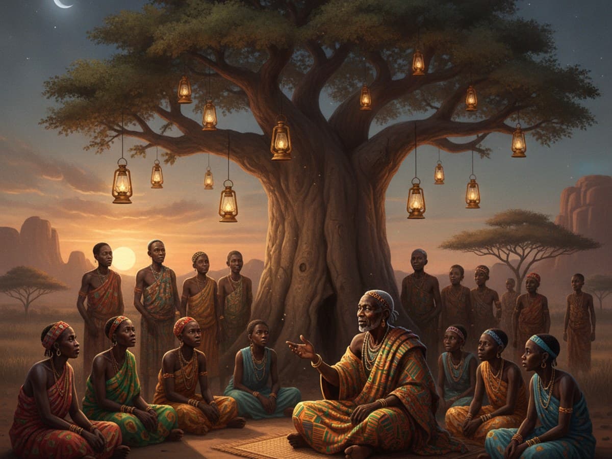 Wise African storyteller and community gathered beneath an ancient baobab tree under golden lanterns