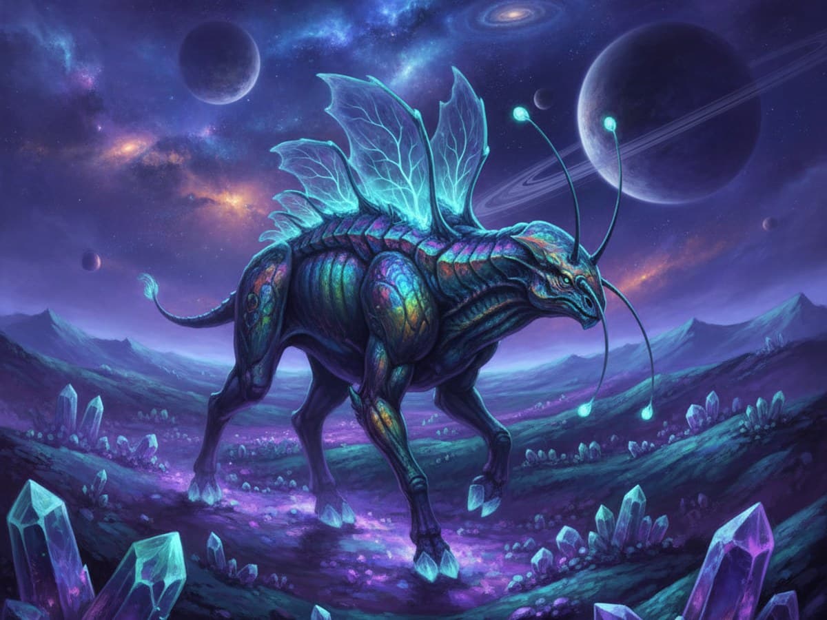 Bioluminescent six-legged alien herbivore creature on glowing crystalline moon dunes