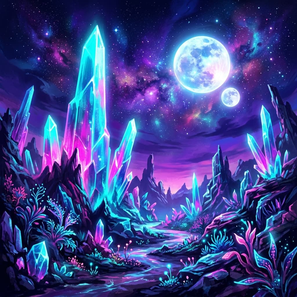 Alien landscape with glowing crystal spires and twin moons