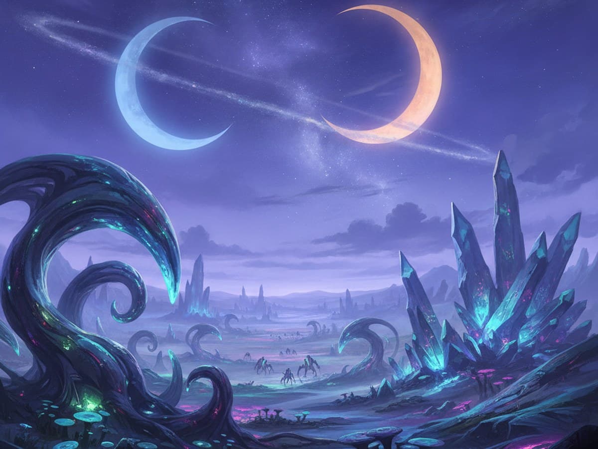 Exotic alien world landscape with glowing bioluminescent flora, mineral pillars and twin moons