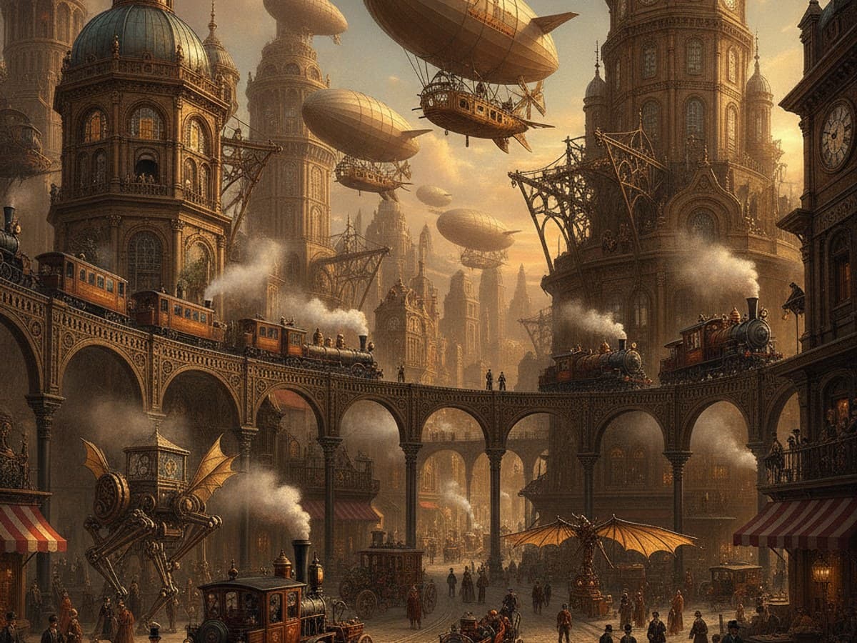 Alternate history Victorian steampunk city with massive clockwork towers, docking zeppelins and steam viaducts