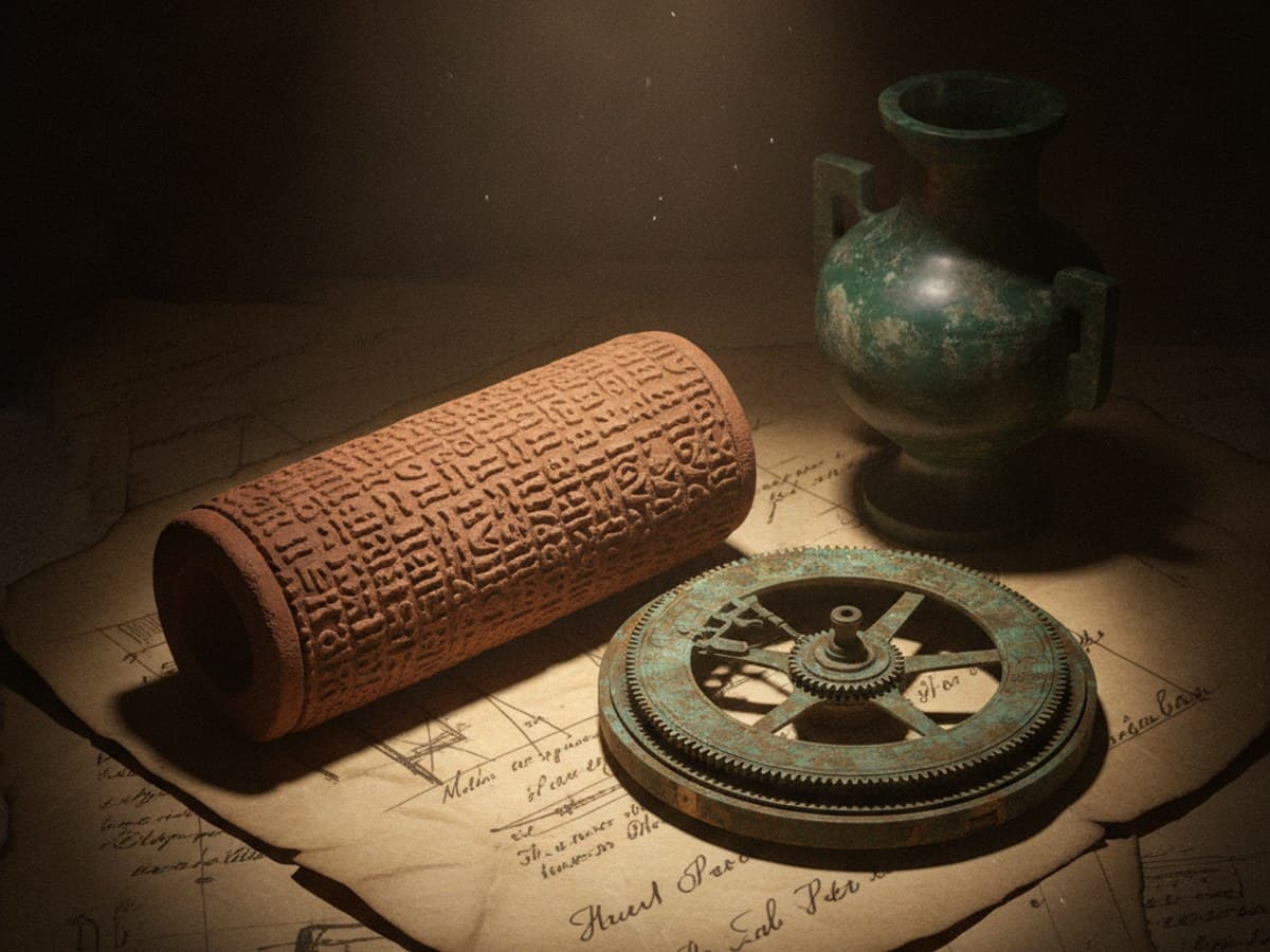 Unearthed archaeological artifacts: carved cuneiform cylinder, oxidized bronze astrolabe, and ceremonial jade vessel