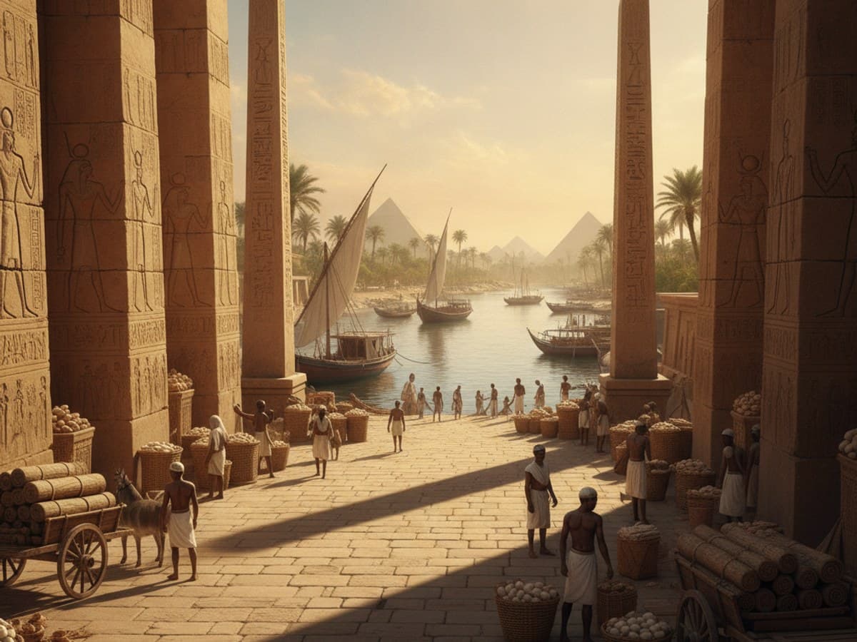 Ancient Egyptian limestone avenue with obelisks, bustling Nile waterfront and merchants in golden sunlight