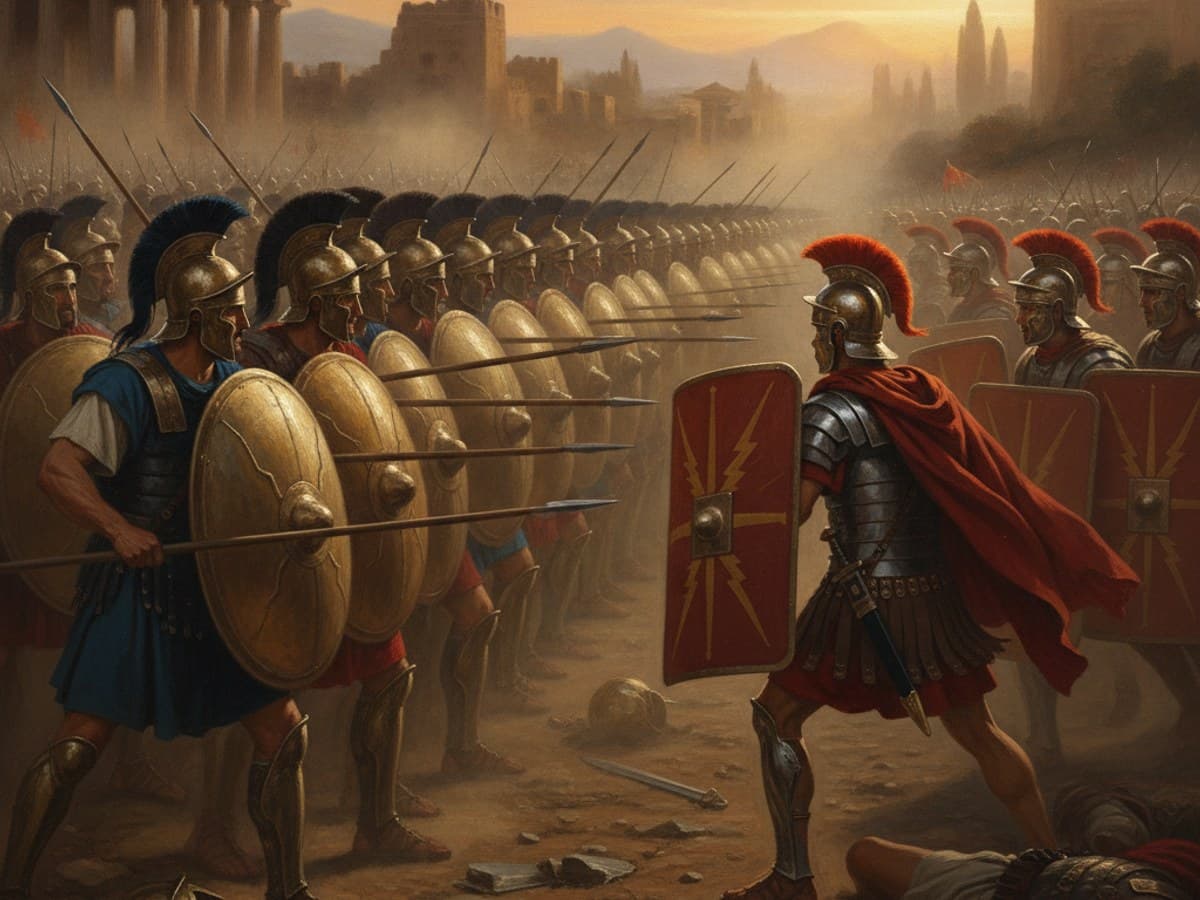 Disciplined Greek hoplite and Roman legionaries in bronze cuirasses and crested helmets in battle formation