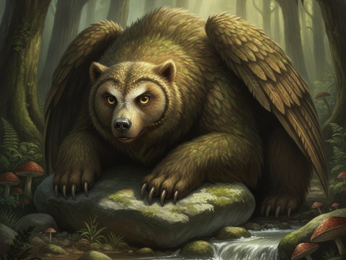 Mossback owl-bear animal hybrid creature in a lush misty woodland stream