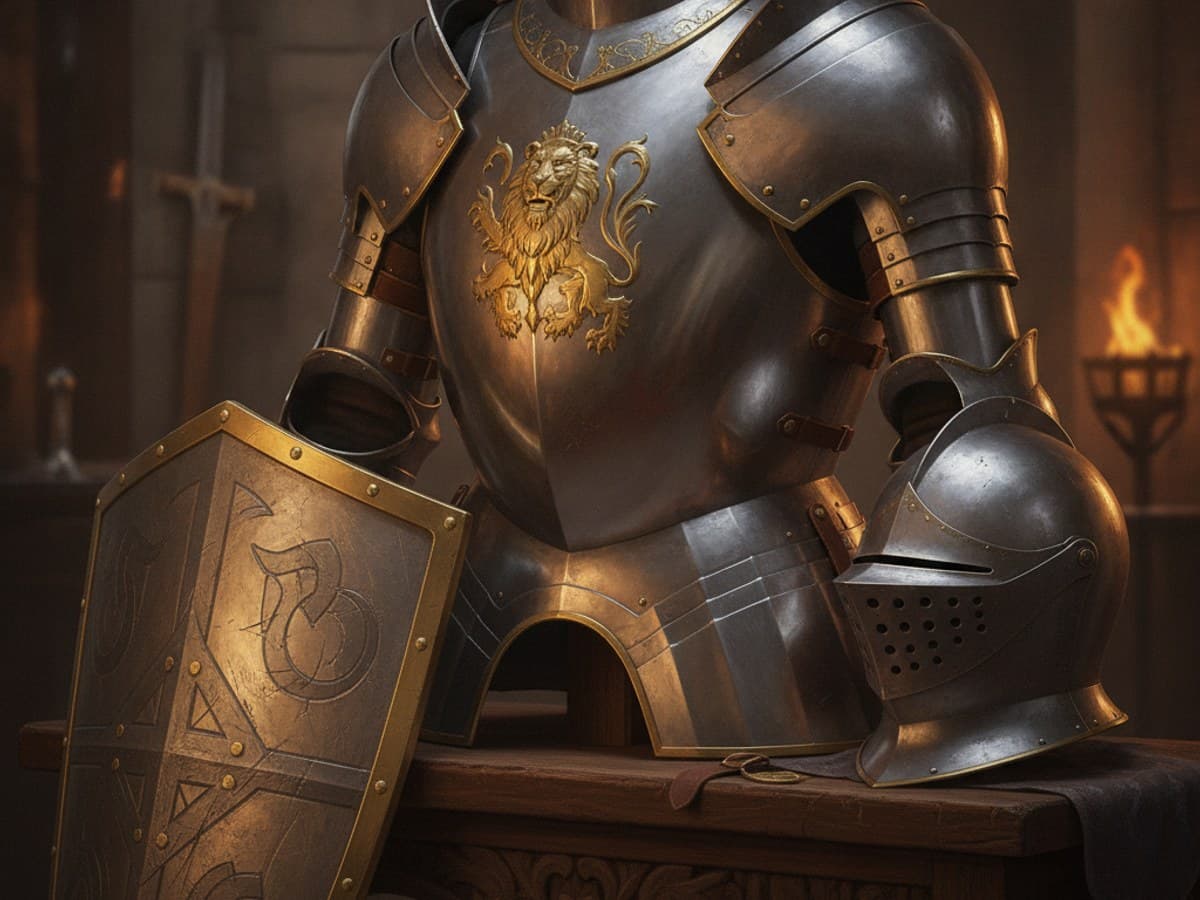 Ornate tournament knight armor: polished steel lion breastplate, engraved heraldic heater shield, and armet helmet
