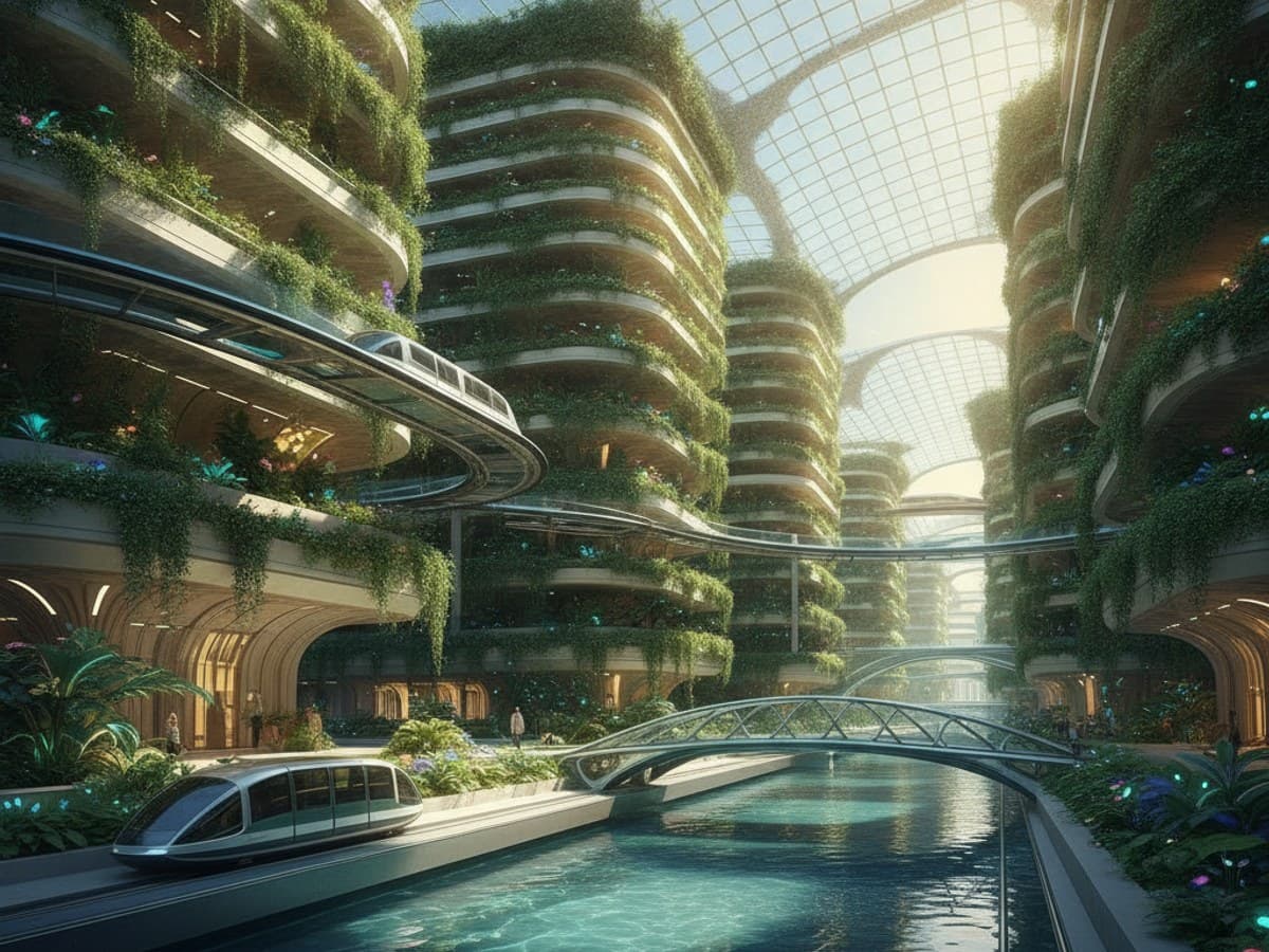 Lush solarpunk city district with vertical cascading gardens, solar sails and clean electric gliders