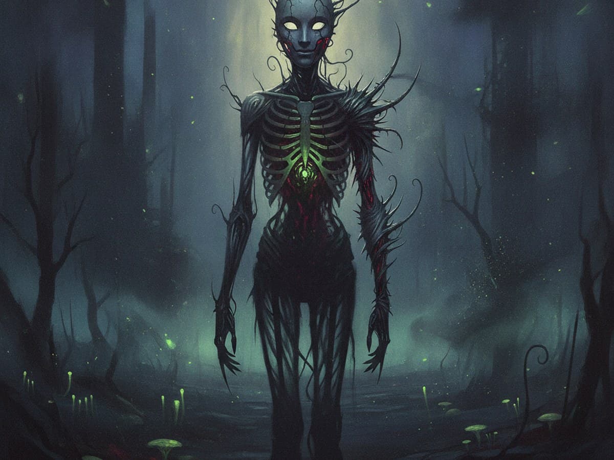Dark surrealist body horror biomechanical silhouette with delicate chitinous plates and eerie metamorphosis