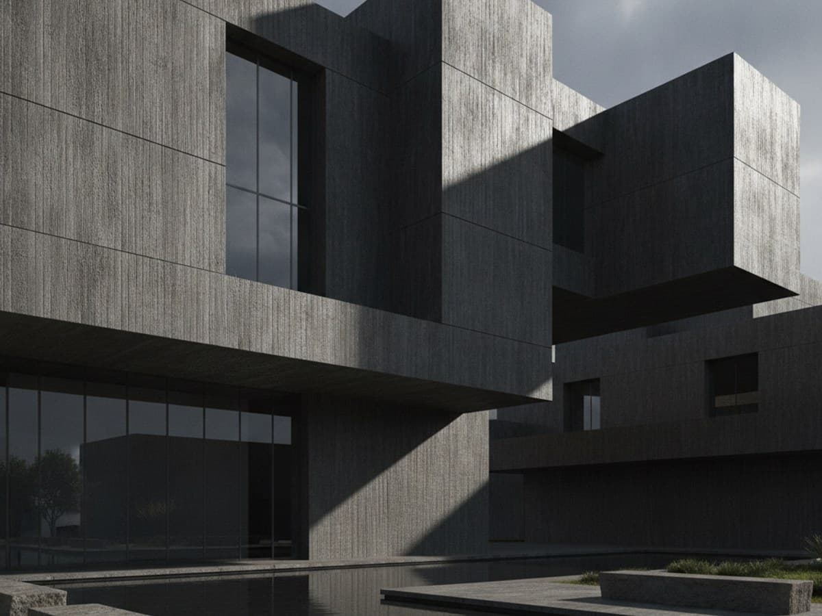 Monumental brutalist arts center with geometric board-formed concrete masses and deep recessed windows
