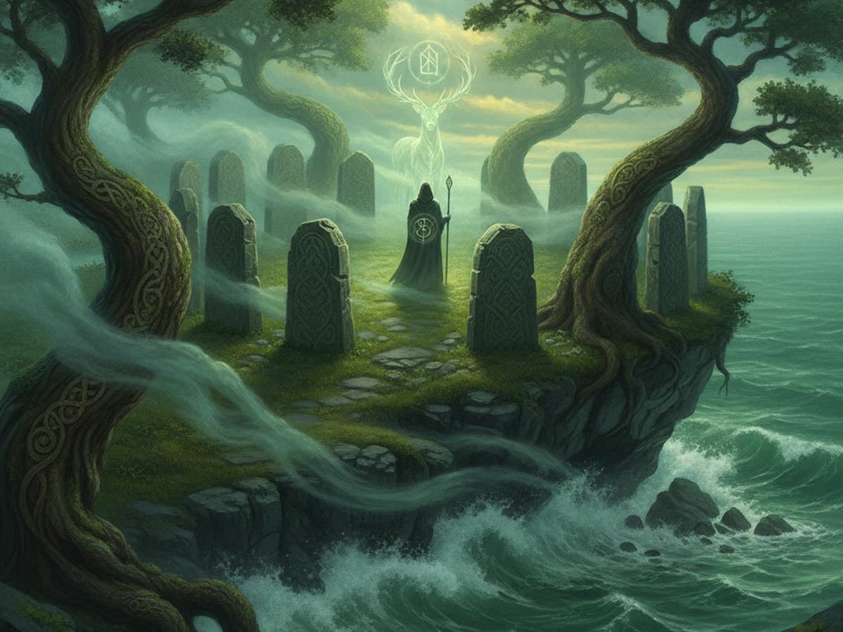 Ancient moss-covered megalithic stone circle on windswept Emerald Isle coastal cliffs in sea mist