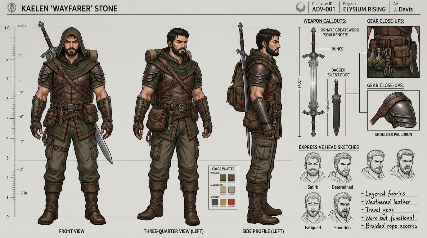 Character design sheet showing turnaround angles, costume callouts and expressions