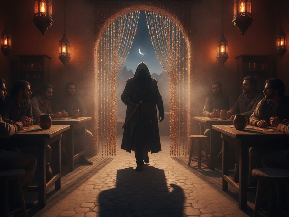Character entrance keyframe: cloaked rogue stepping through a beaded curtain into a lantern-lit desert tavern