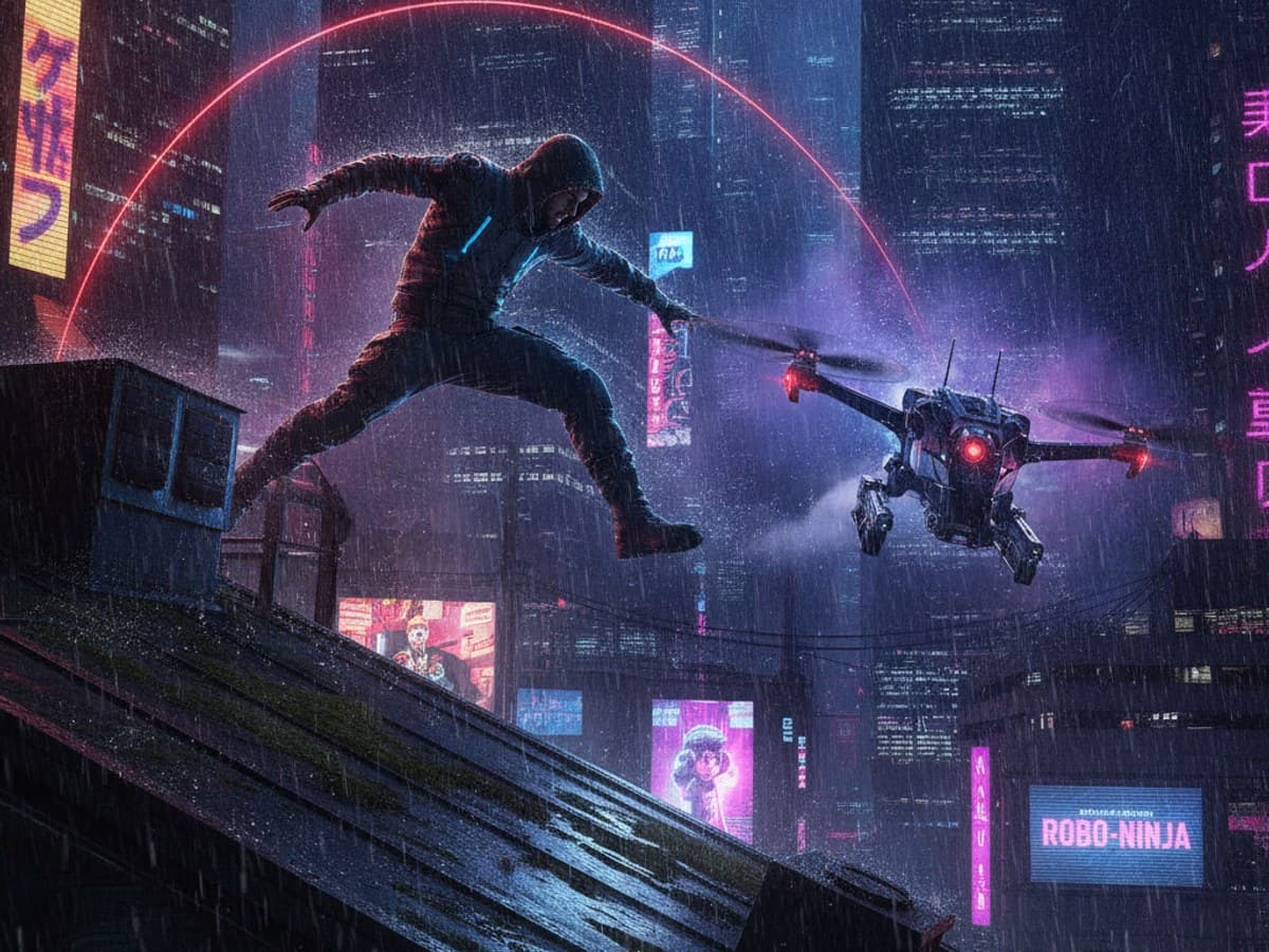 High-speed rooftop chase keyframe: agile runner leaping between cyberpunk rooftops pursued by a tactical drone