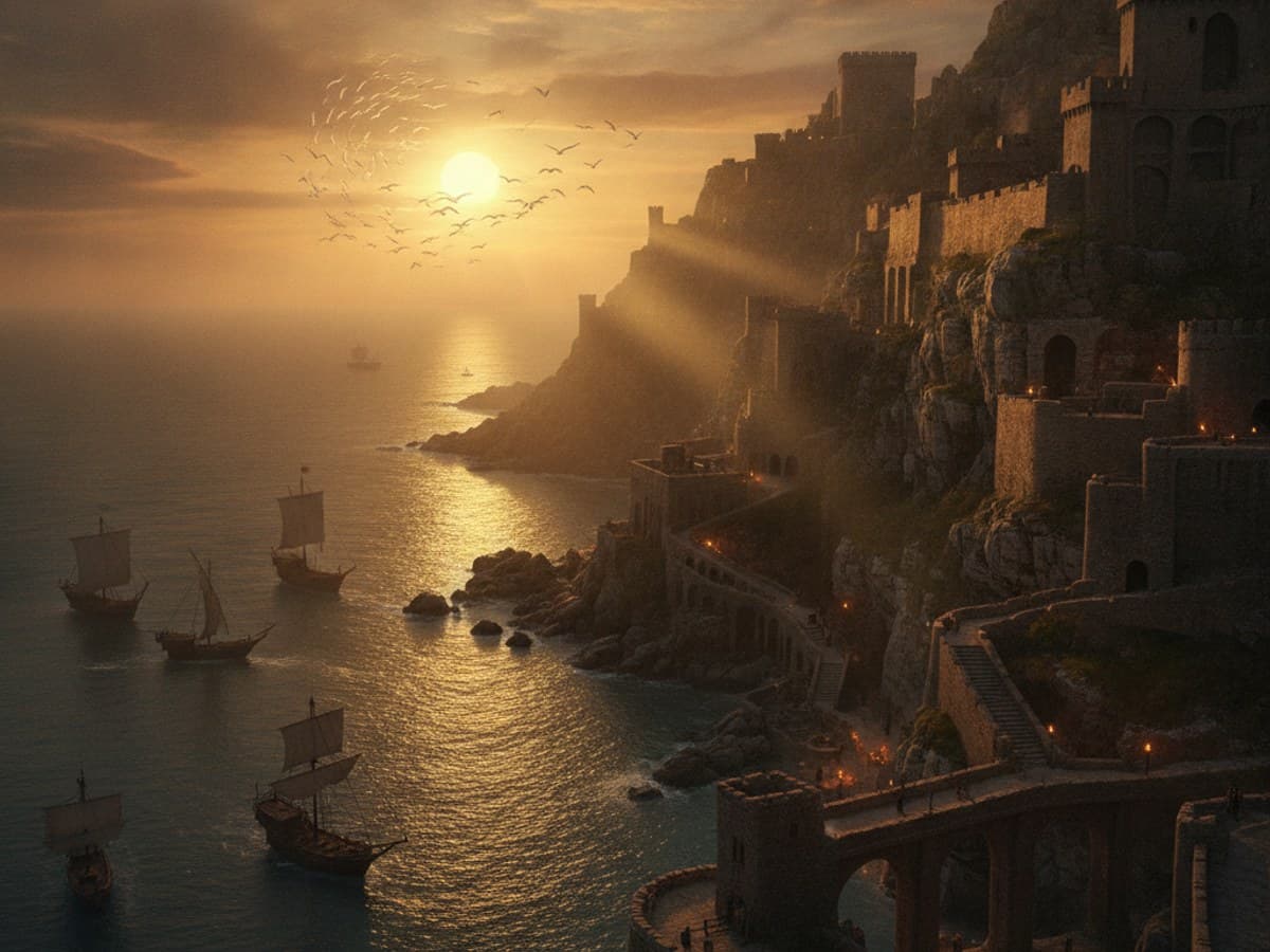 Cinematic wide establishing shot: sweeping coastal citadel perched on sea cliffs with ships entering at sunset