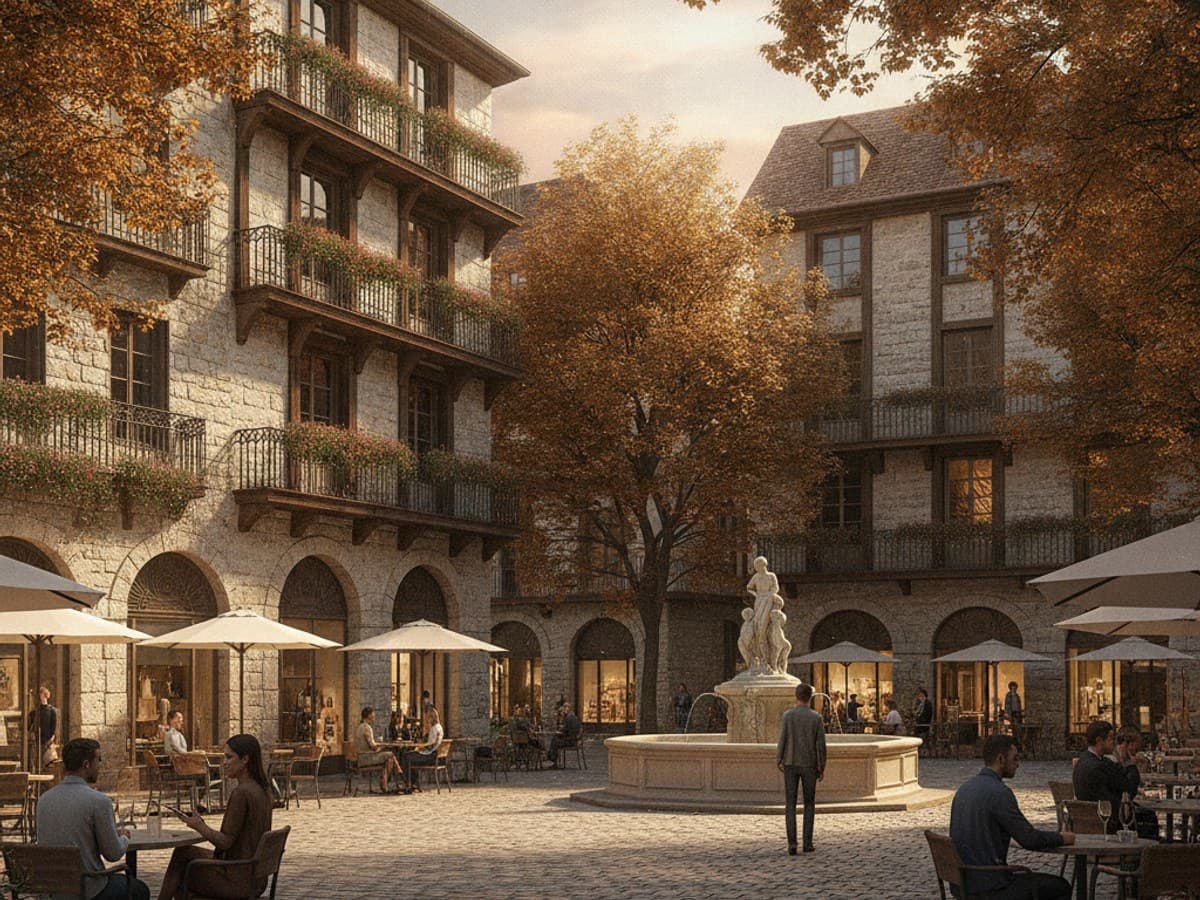 European historic city square with charming mid-rise facades, cobblestone plaza and outdoor cafes at golden hour
