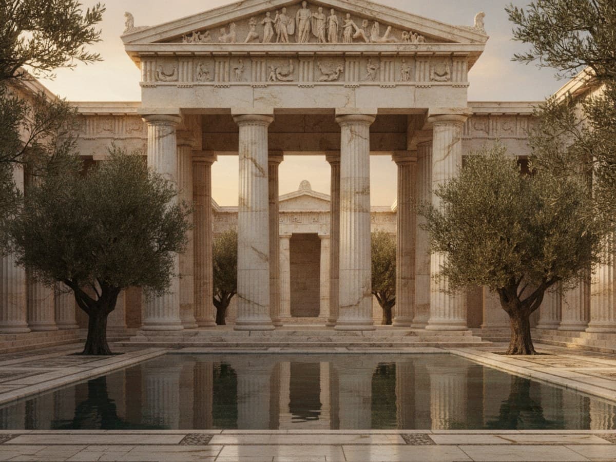 Classical ancient Greek marble temple portico with fluted Ionic colonnades and courtyard reflecting pool
