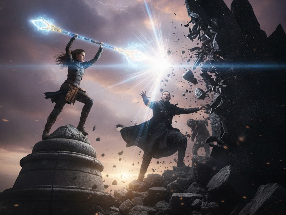 Climactic keyframe: lone heroine shattering a dark obsidian barrier with a glowing crystal staff on a temple pinnacle