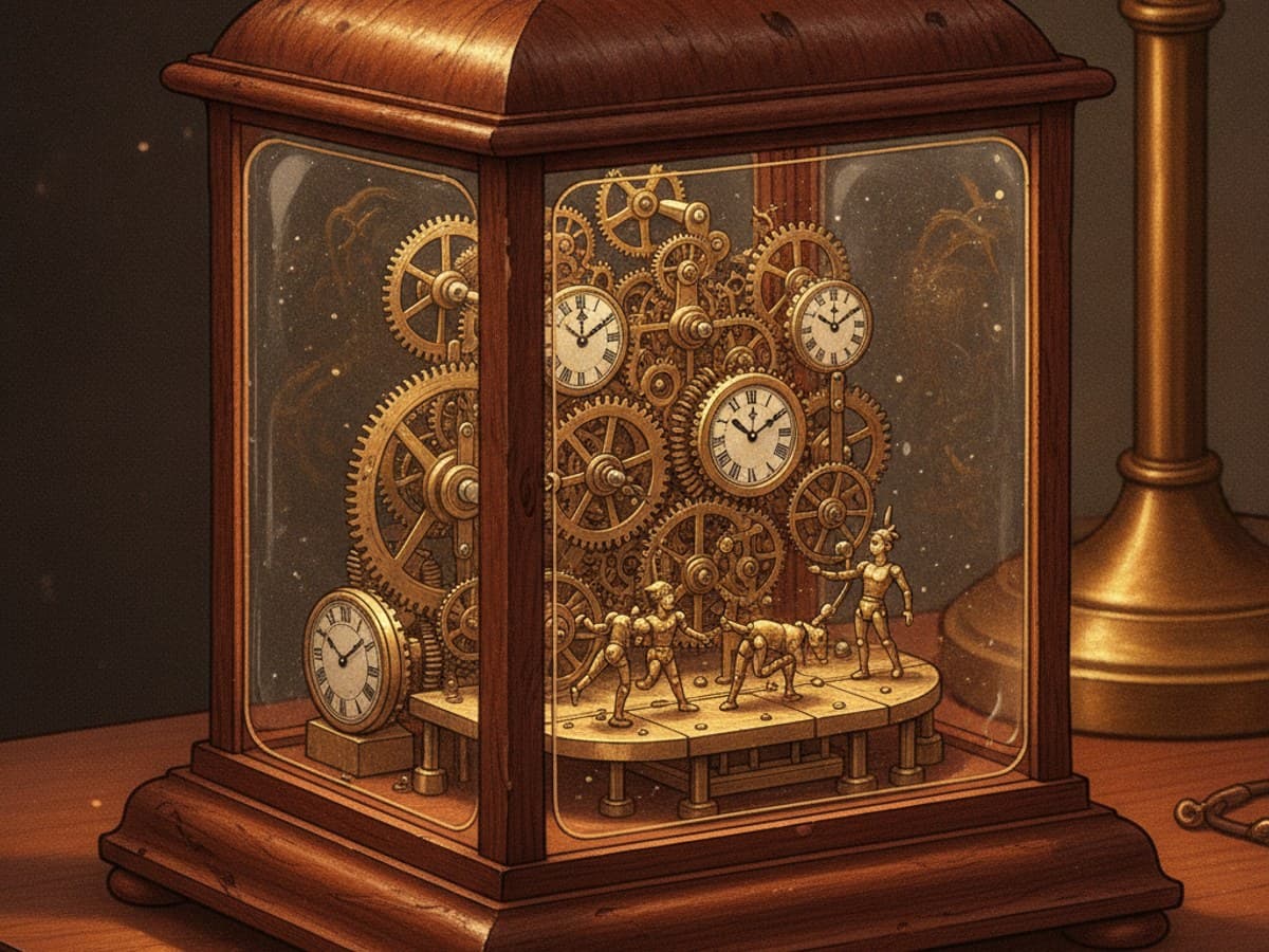 Victorian steampunk clockwork music box curio: burl walnut cabinet with visible brass gears and automata figures