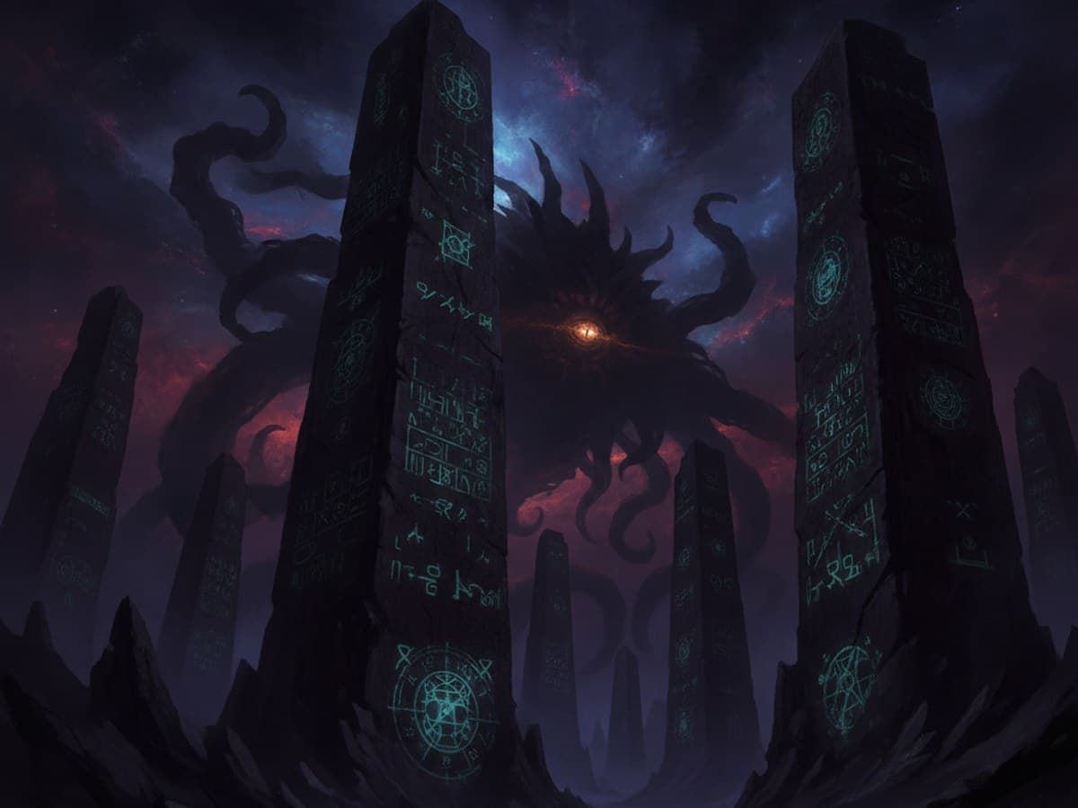 Cosmic and eldritch horror scene with cyclopean stone monoliths and unknowable void entity under a starless sky